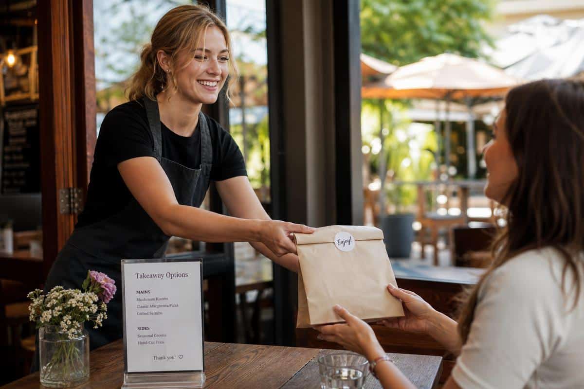A close-up shot of a smiling restaurant server handing a neatly packaged doggy bag to a satisfied diner at a cozy café table, with a sunny o