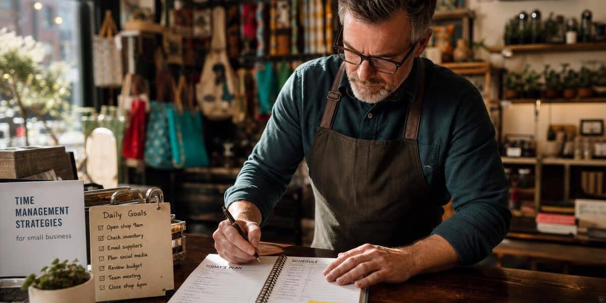 A focused shopkeeper, surrounded by colorful merchandise, meticulously organizes a detailed planner on a wooden counter, sunlight streaming