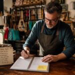 A focused shopkeeper, surrounded by colorful merchandise, meticulously organizes a detailed planner on a wooden counter, sunlight streaming