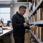 A warehouse manager meticulously scans inventory shelves with a handheld scanner, surrounded by neatly organized boxes and labels, under sof