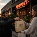 Livraison restaurant : 5 avantages pour développer son activité A delivery driver, wearing a branded uniform, smiles as they hand a steaming bag of food to a satisfied customer outside a trendy restaurant