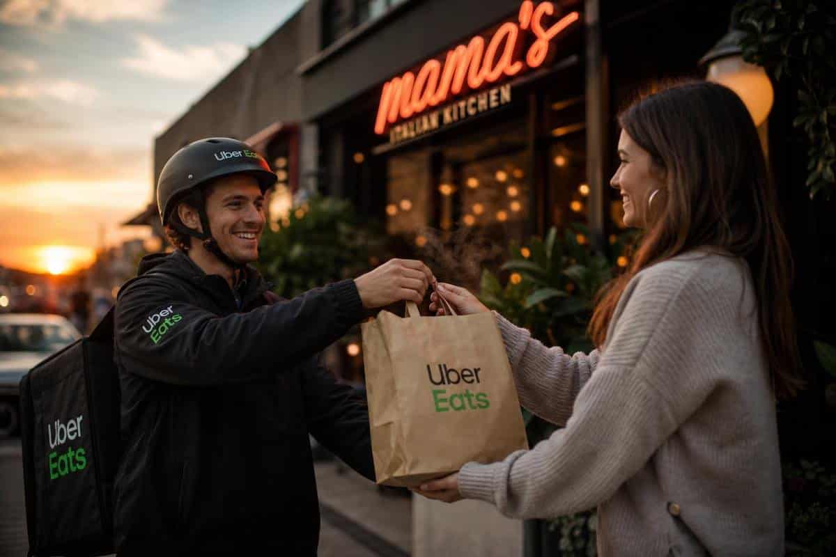 A delivery driver, wearing a branded uniform, smiles as they hand a steaming bag of food to a satisfied customer outside a trendy restaurant