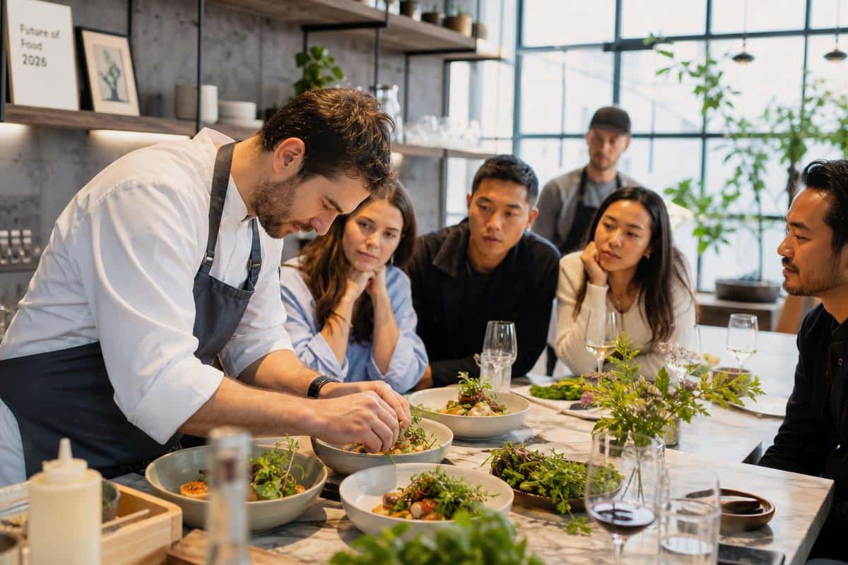 A chef in a modern, open kitchen is plating a vibrant, innovative dish with fresh ingredients, while a group of intrigued diners watch eager